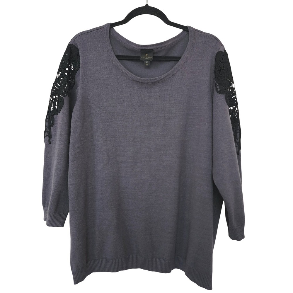 Worthington Woman Gray Knit Sweater Black Lace Shoulder 1X Coquette Boho Comfy